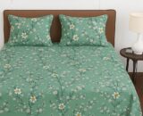BSB HOME 100% Cotton Feel Double Bed Bedsheet Set | 144 TC Soft & Breathable | Mint Green White Flower Print with 2 Pillow Covers | Wrinkle Free | for Bedroom (90 x 90 Inches)