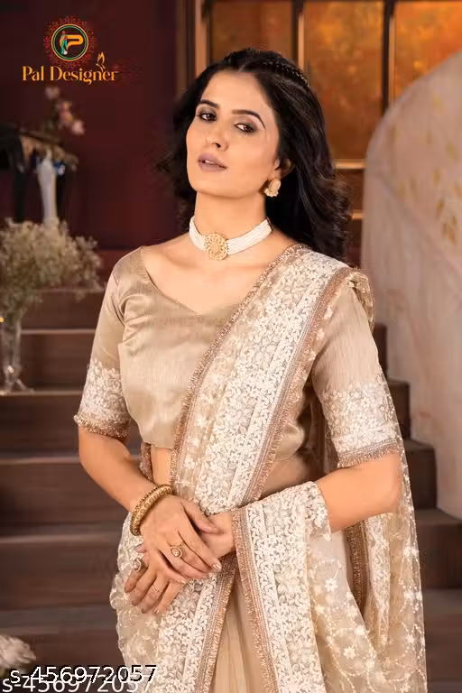 M. Premium Creem Color Embroidered Sarees