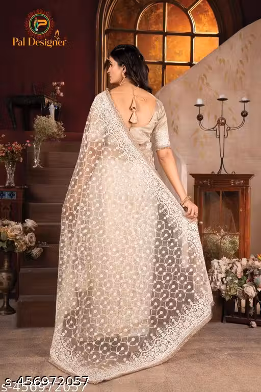 M. Premium Creem Color Embroidered Sarees