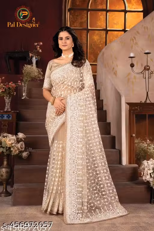 M. Premium Creem Color Embroidered Sarees